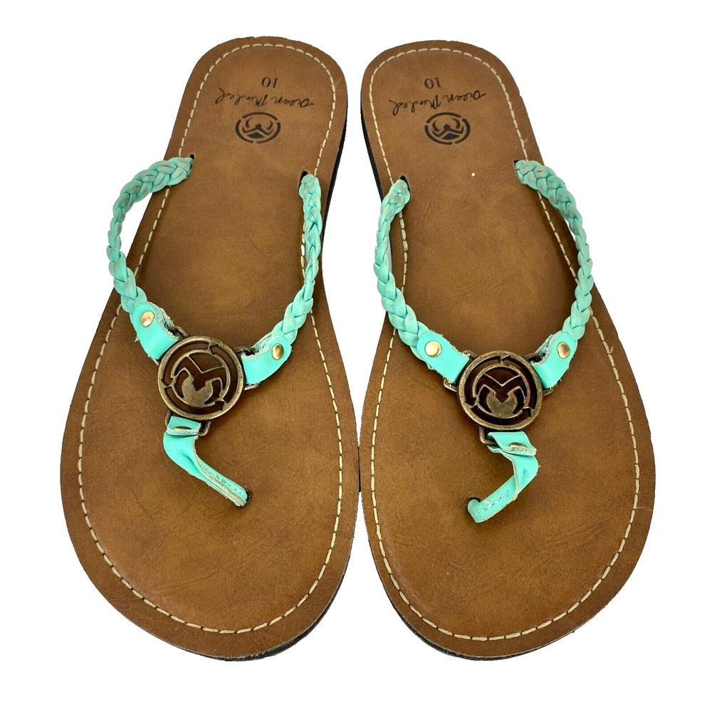 Ocean Minded Leather Sandals Women's 10 Flip Flops Shoes Flats Teal Slip On LKNU